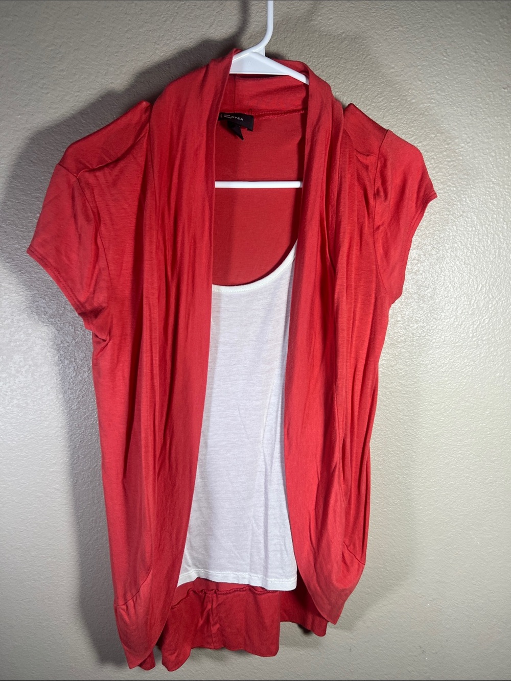 Iz Byer Red Layered Open-Front Cardigan with White Tank